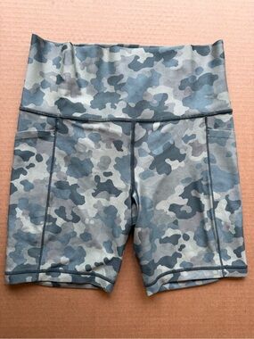 Athleta Elation Flare Gray Camo High-Rise Bike Shorts